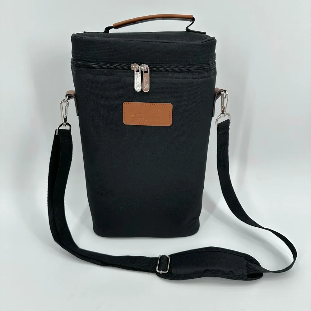 TIRRINIA 2-bottle Wine Carrier Bag with Strap & Divider Black Zip Insulated